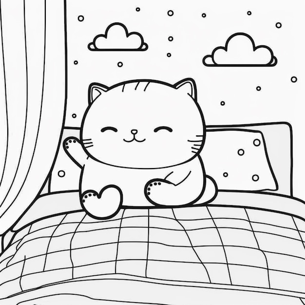 Coloring pages of a cat sitting on a bed with a pillow generative ai