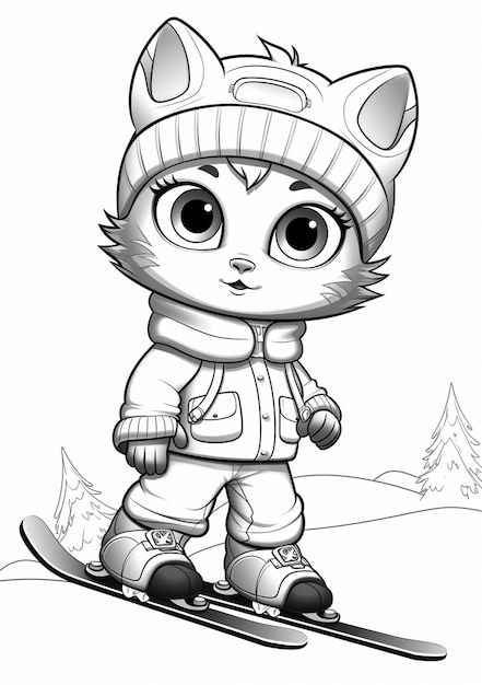 coloring pages of a cat on a snowboard generative ai