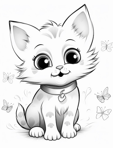 Photo coloring pages of a cat with a collar and butterfly generative ai