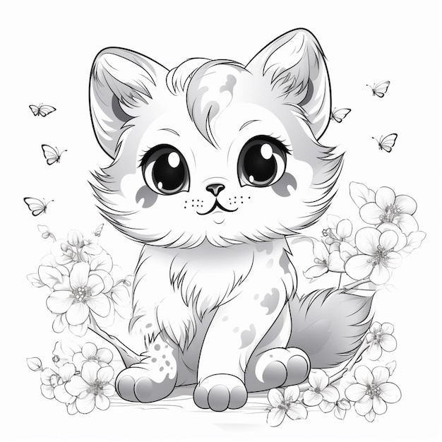 Photo coloring pages of a cat with flowers and butterflies generative ai