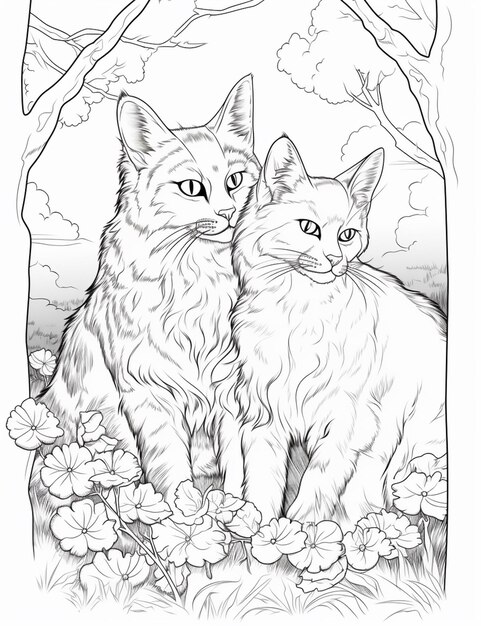 coloring pages of cats with flowers and trees generative ai