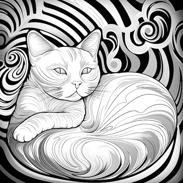 coloring pages for children sleeping cat in the style of Comic book Swirly lines Low Detail