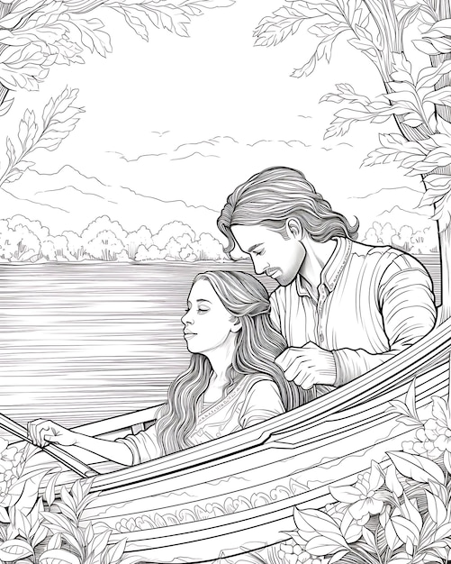 Photo coloring pages of couple rowing on water