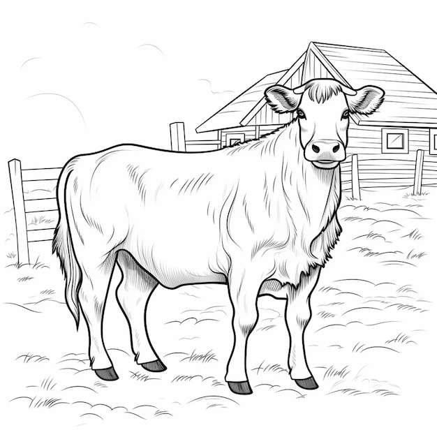 coloring pages of a cow standing in a field with a barn in the background generative ai