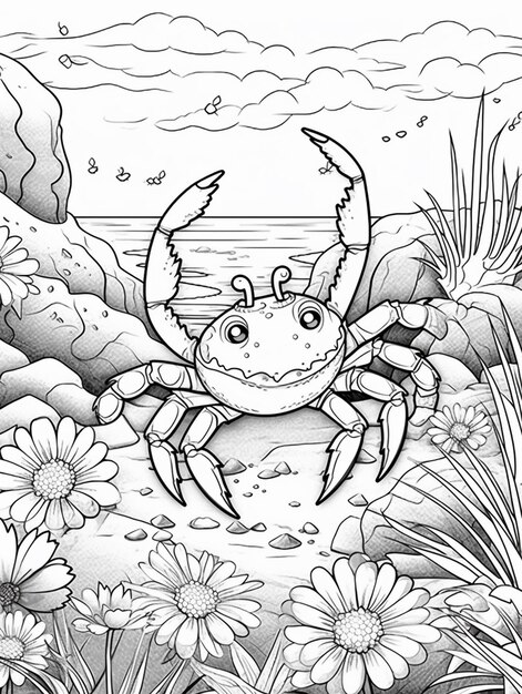 coloring pages crab on the beach with flowers and rocks generative ai