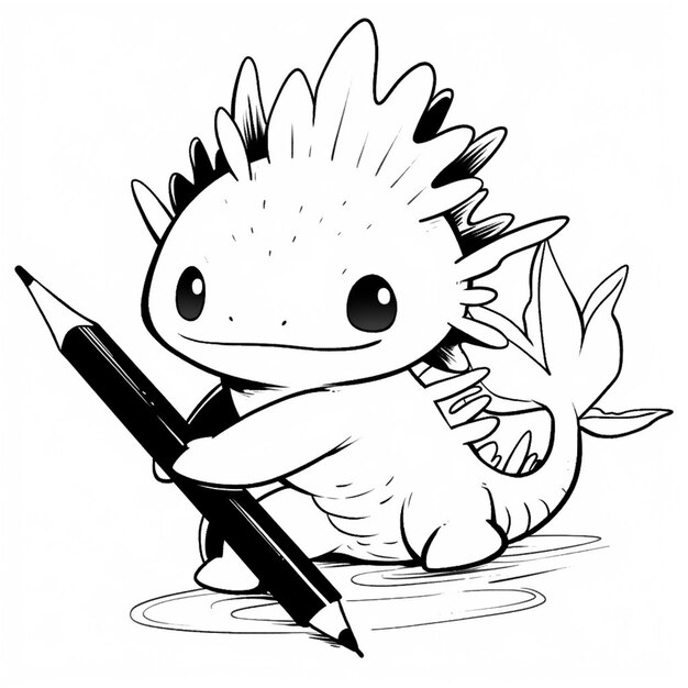 Photo coloring pages of a cute little dragon with a pencil generative ai