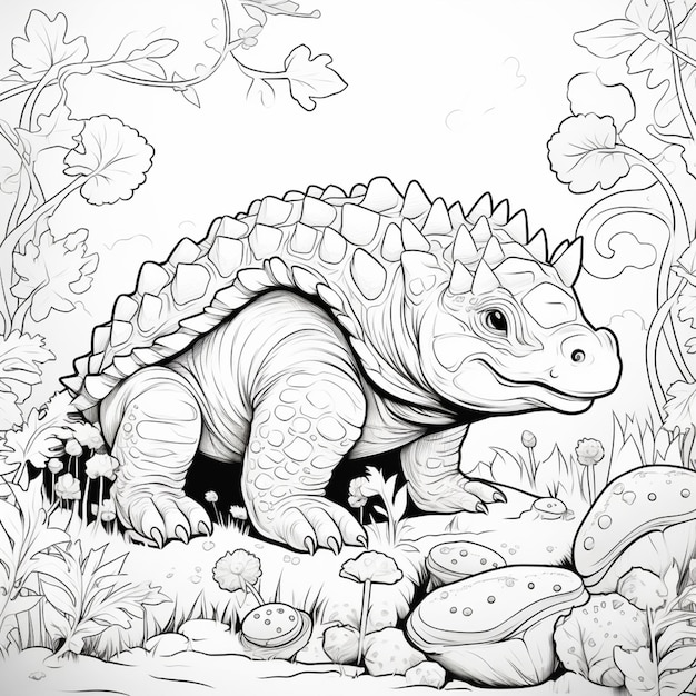 coloring pages of a dinosaur in the jungle with a flower generative ai