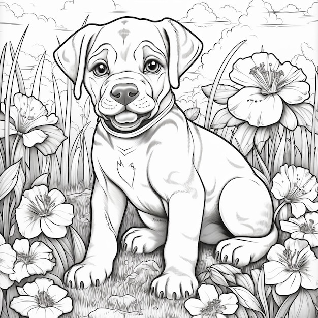 Coloring pages of a dog sitting in a field of flowers generative ai