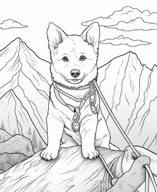 coloring pages of a dog with a leash on a mountain generative ai