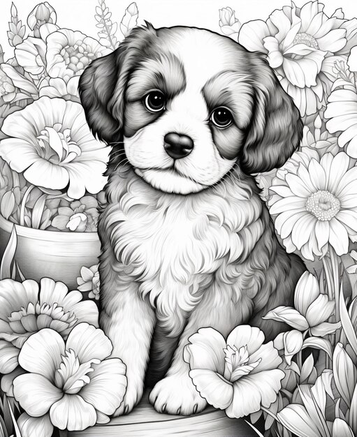 coloring pages of dogs and flowers generative ai