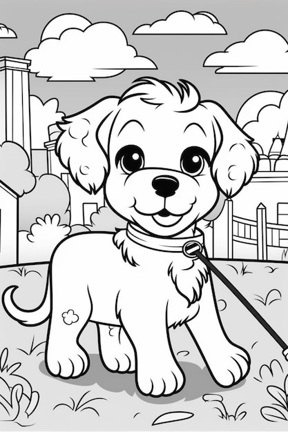 coloring pages of dogs on leashs for kids generative ai