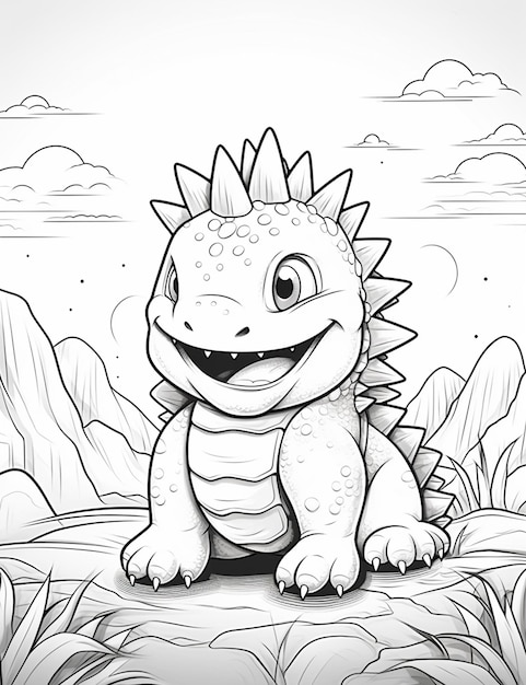 Coloring pages of a dragon sitting on a rock in the mountains generative ai