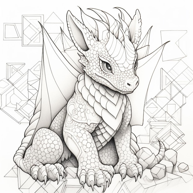 coloring pages of a dragon with a geometric pattern on the back generative ai