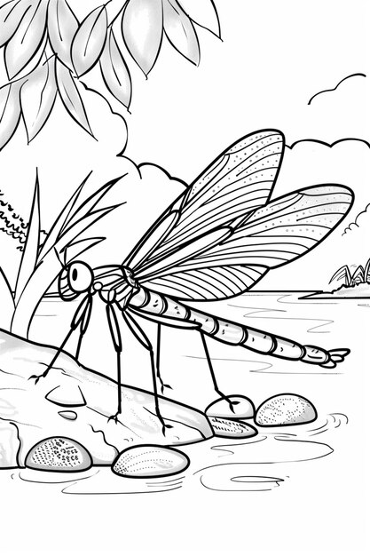 Photo coloring pages of a dragonfly sitting on a rock in the water generative ai