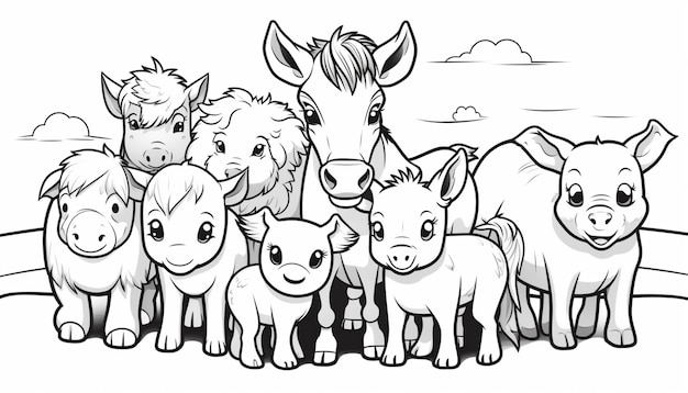 Photo coloring pages of farm animals generative ai