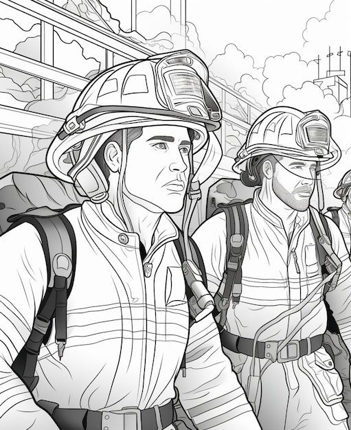 coloring pages of firefighters walking down the street with their helmets on generative ai
