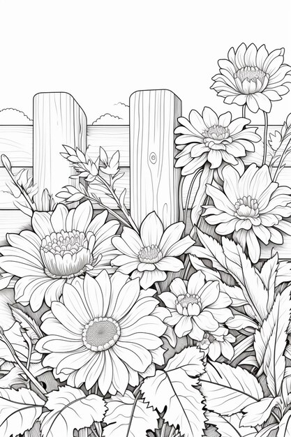 Photo coloring pages of flowers and butterflies in a garden with a fence generative ai