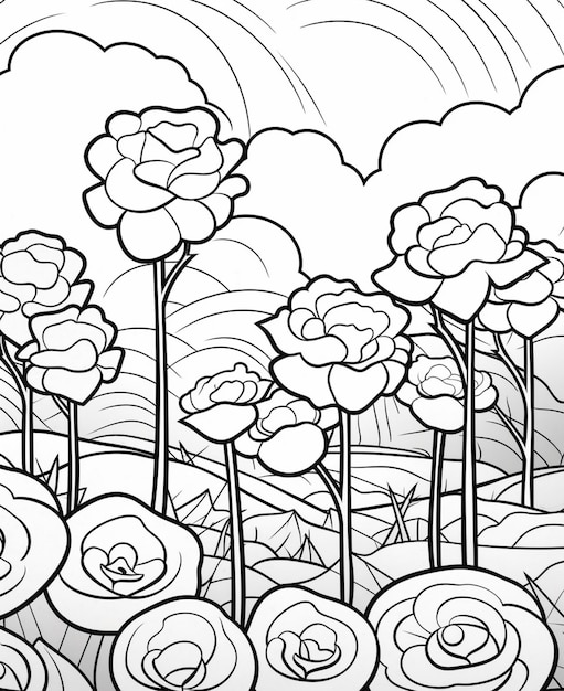 coloring pages of flowers and clouds in a field generative ai