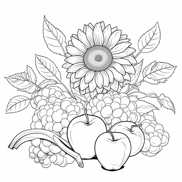 Photo coloring pages of flowers and fruits with leaves and flowers generative ai