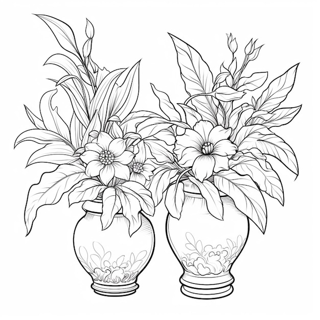 coloring pages of flowers in vases with leaves and flowers generative ai