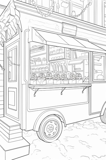 coloring pages of a food truck with a cart full of bread generative ai