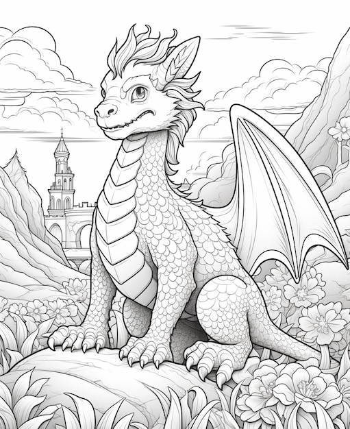 Фото Раскраски для взрослых дракон, сидящий на скале в горах