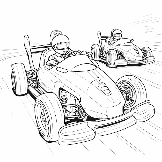 Photo coloring pages go kart cars cartoon style line art style thick lines low detail