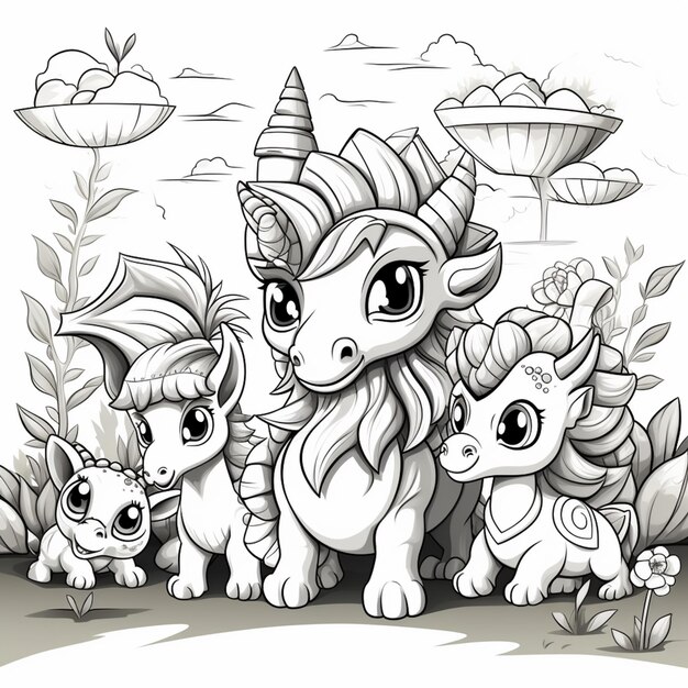 coloring pages of a group of little pony with a unicorn generative ai