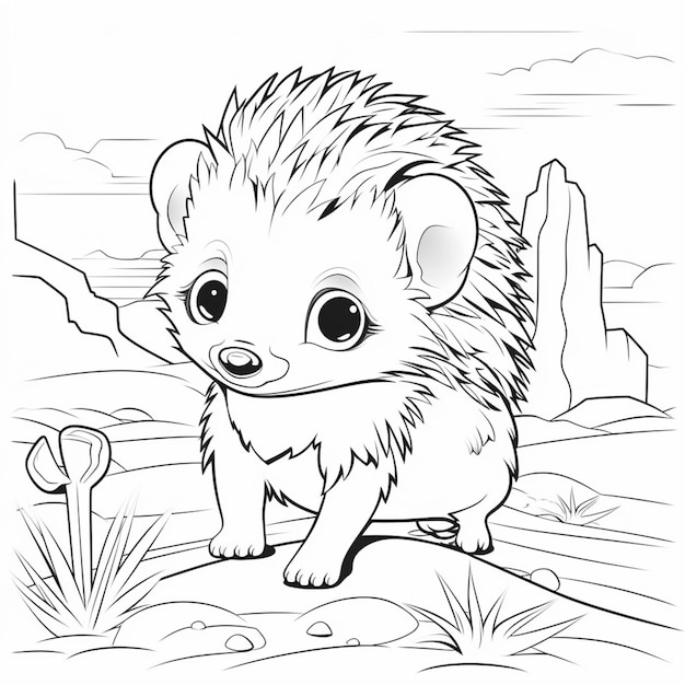 Coloring pages of a hedgehog sitting on a rock in the desert generative ai