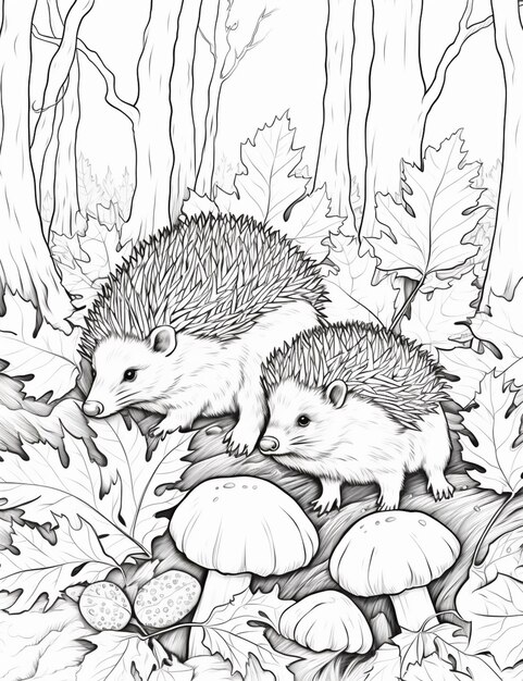 coloring pages of hedgehogs and mushrooms generative ai