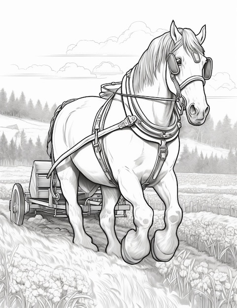 Photo coloring pages of a horse pulling a wagon with a man on it generative ai