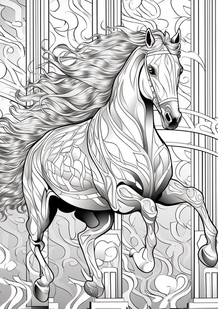 Coloring pages of a horse running in a cage generative ai