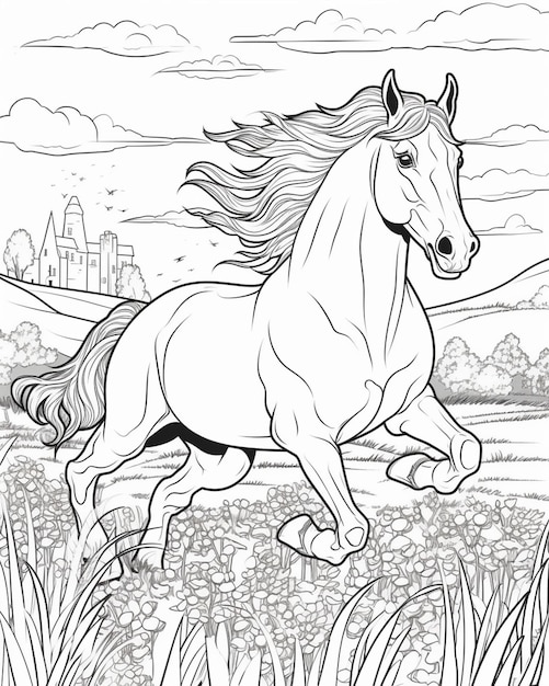 coloring pages of horses running in the field generative ai