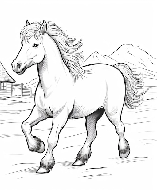 coloring pages of horses running in the field with a barn in the background generative ai