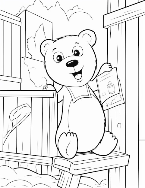 coloring pages for kids of a bear sitting on a bench generative ai