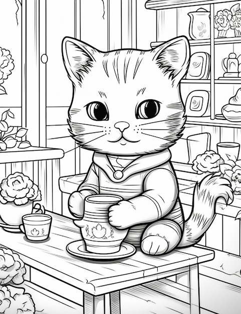 Coloring pages for kids of a cat sitting at a table generative ai