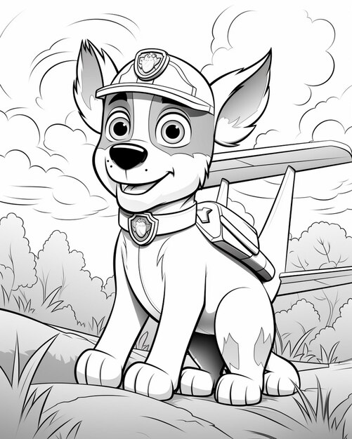 Coloring pages for kids of a dog with a plane generative ai