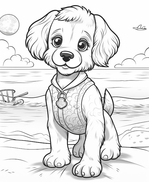 Photo coloring pages for kids of dogs on the beach generative ai