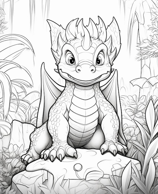 coloring pages for kids of dragon sitting on a rock in the jungle generative ai