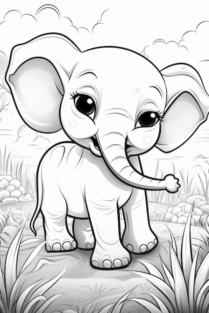 раскраски для детей со слоном, стоящим в траве, генеративный искусственный интеллект