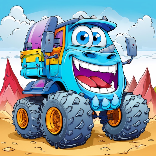 Foto pagine da colorare per bambini mostro divertente seguendo un bel camion per bambini con stile cartone animato