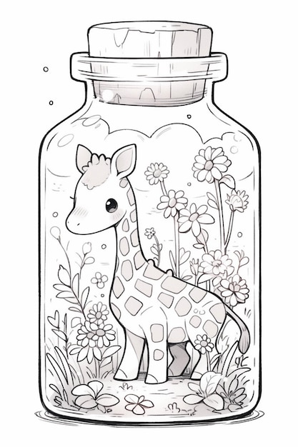 Coloring pages for kids of a giraffe in a jar generative ai