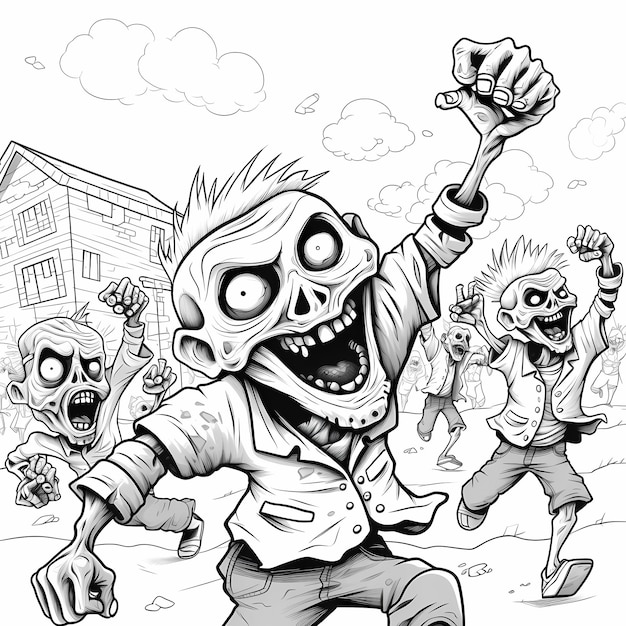 coloring pages kids A group of funny zombies dancing together halloween