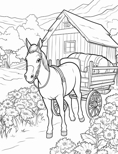 Photo coloring pages for kids horse drawn carriage and barn generative ai