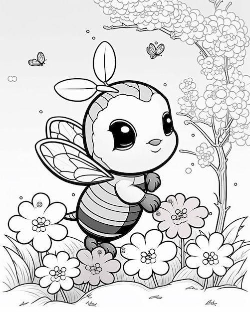 Photo coloring pages for kids to print bee and flowers generative ai