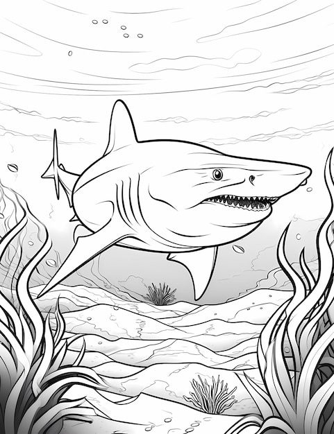 Foto pagine da colorare per bambini di squali in stile cartone animato le linee sono spesse i dettagli sono minimi