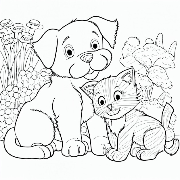 Foto pagine da colorare per bambini con un gatto e un cane generativo ai