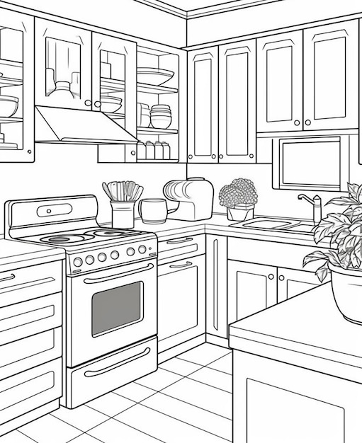 coloring pages for kitchen cabinets and appliances generative ai