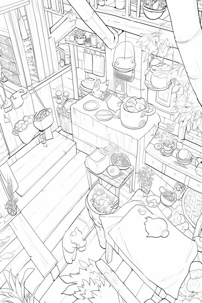 coloring pages of a kitchen with a table and chairs and a tree generative ai