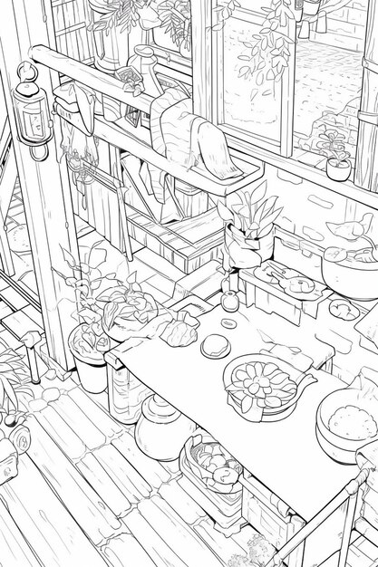 coloring pages of a kitchen with a table and a window generative ai